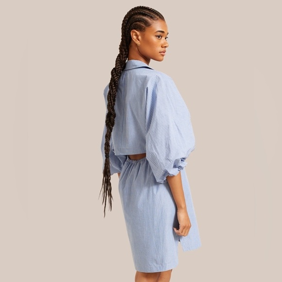 Modern Citizen Emma Open-Back Button Down Stripe Shirt Dress Blue White - Picture 2 of 13